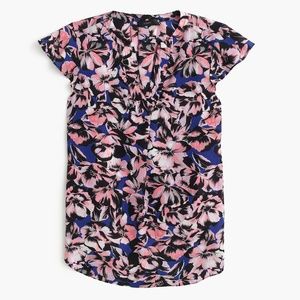 J. Crew Flutter-sleeve Silk Top Hibiscus Print NWT